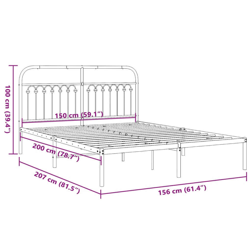 Metalni okvir za krevet s uzglavljem crni 150x200 cm