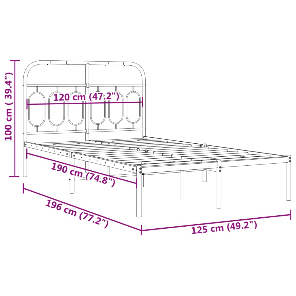 Metalni okvir za krevet s uzglavljem crni 120x190 cm