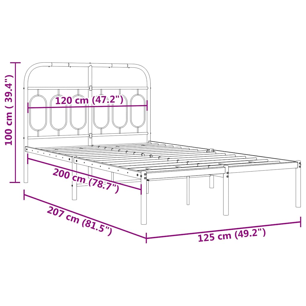 Metalni okvir za krevet s uzglavljem crni 120x200 cm