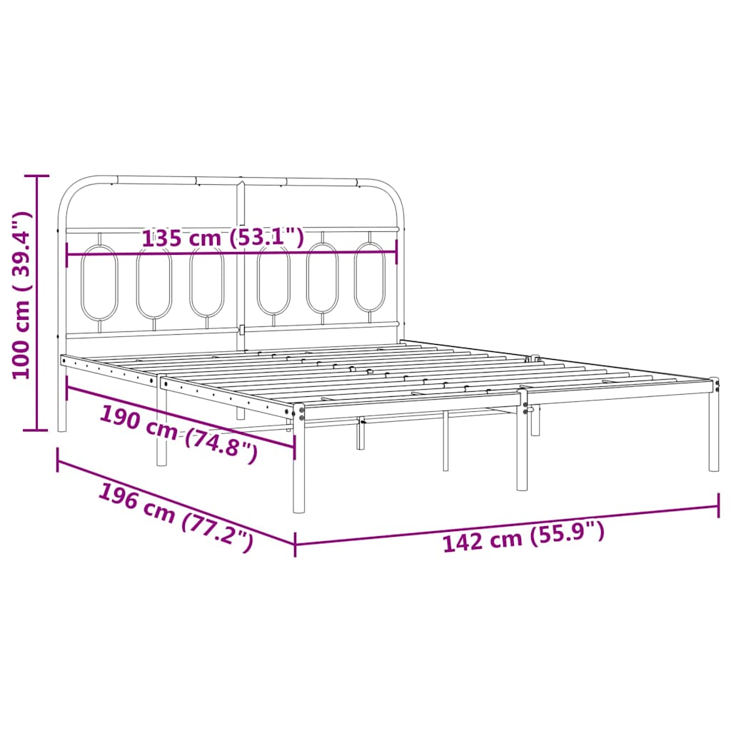 Metalni okvir za krevet s uzglavljem crni 135x190 cm