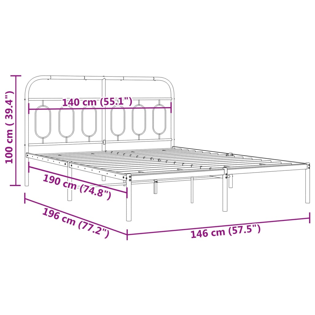 Metalni okvir za krevet s uzglavljem crni 140x190 cm