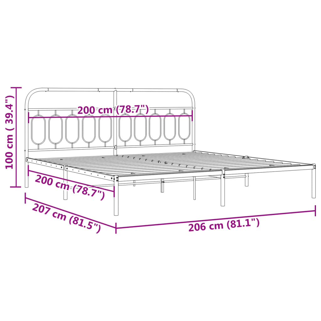 Metalni okvir za krevet s uzglavljem crni 200x200 cm