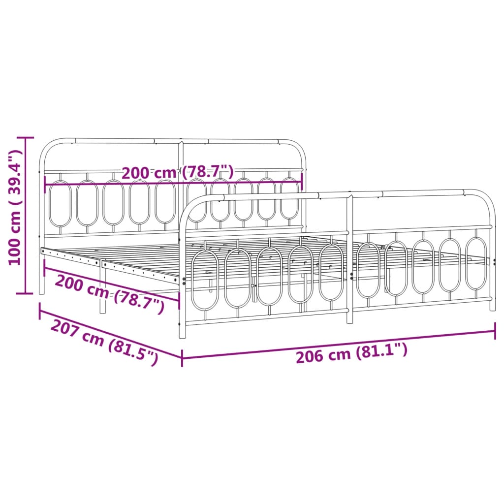 Metalni okvir kreveta uzglavlje i podnožje crni 200x200 cm
