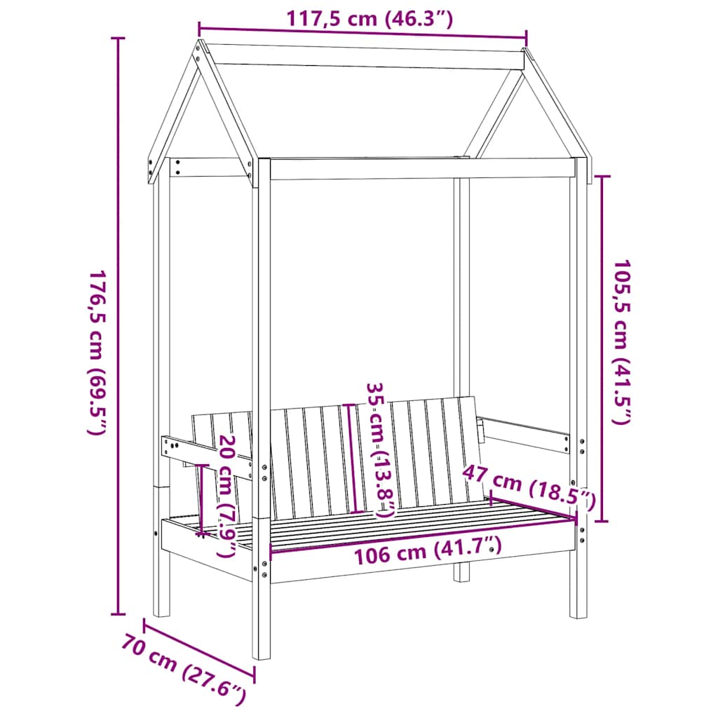 Klupa s krovom bijela 117,5 x 70 x 176,5 cm od masivne borovine