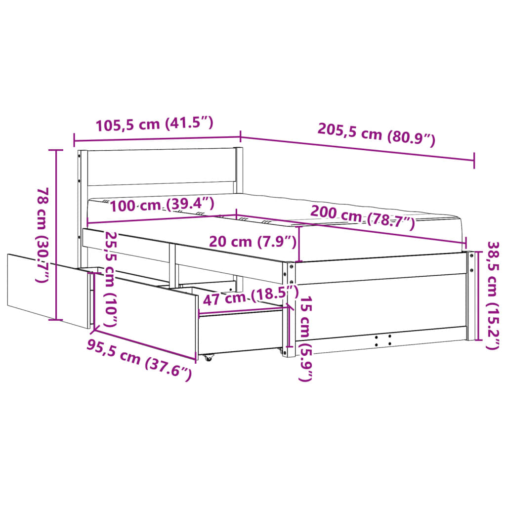 Krevet s ladicama i madracem bijeli 100 x 200 cm od borovine