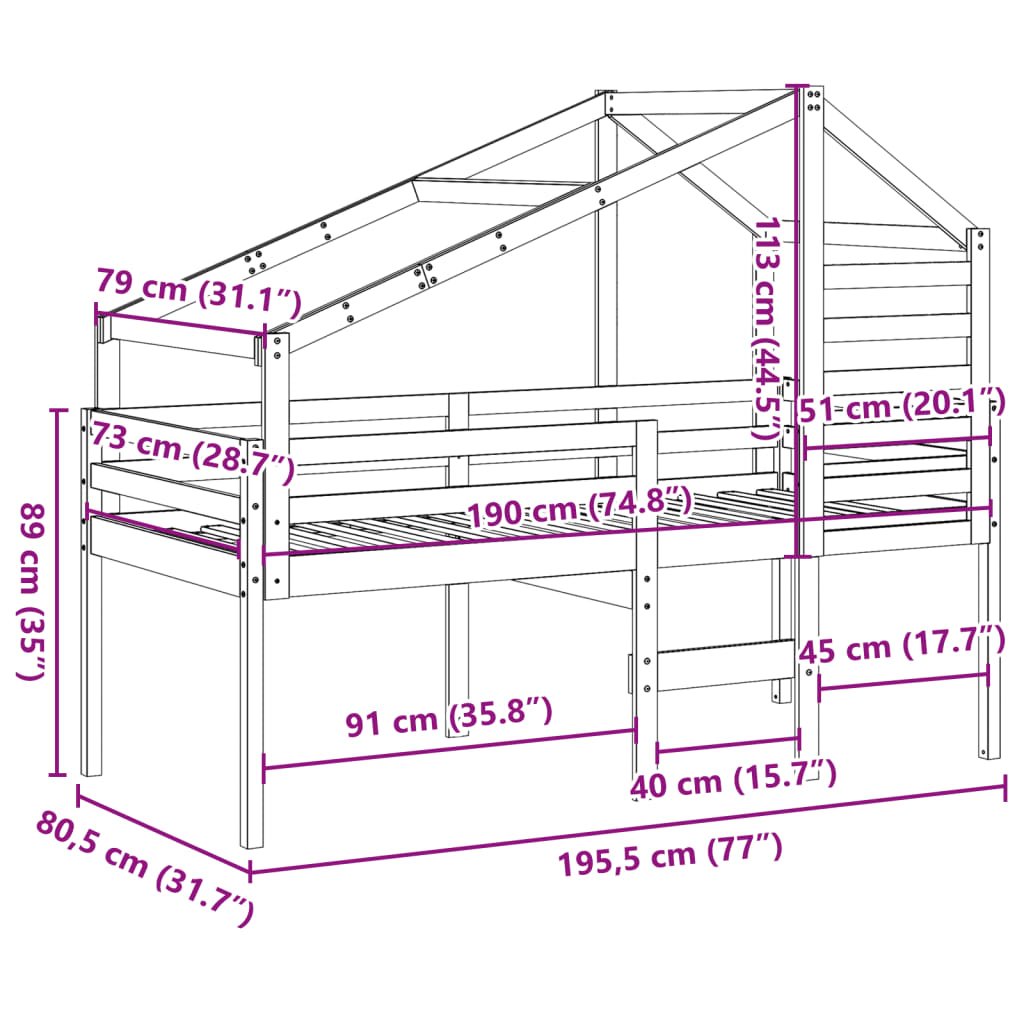 Visoki krevet s krovom bijeli 75 x 190 cm od masivne borovine
