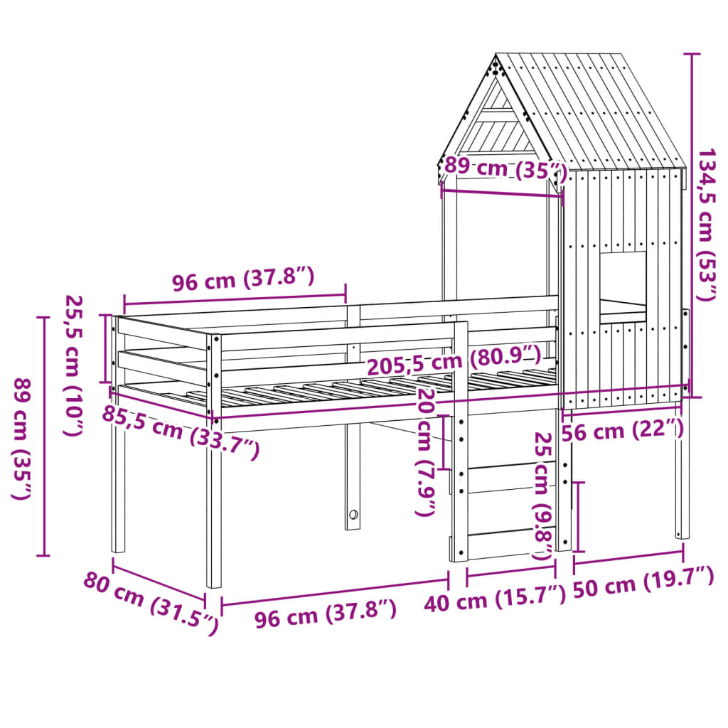 Visoki krevet s krovom 80 x 200 cm od masivne borovine