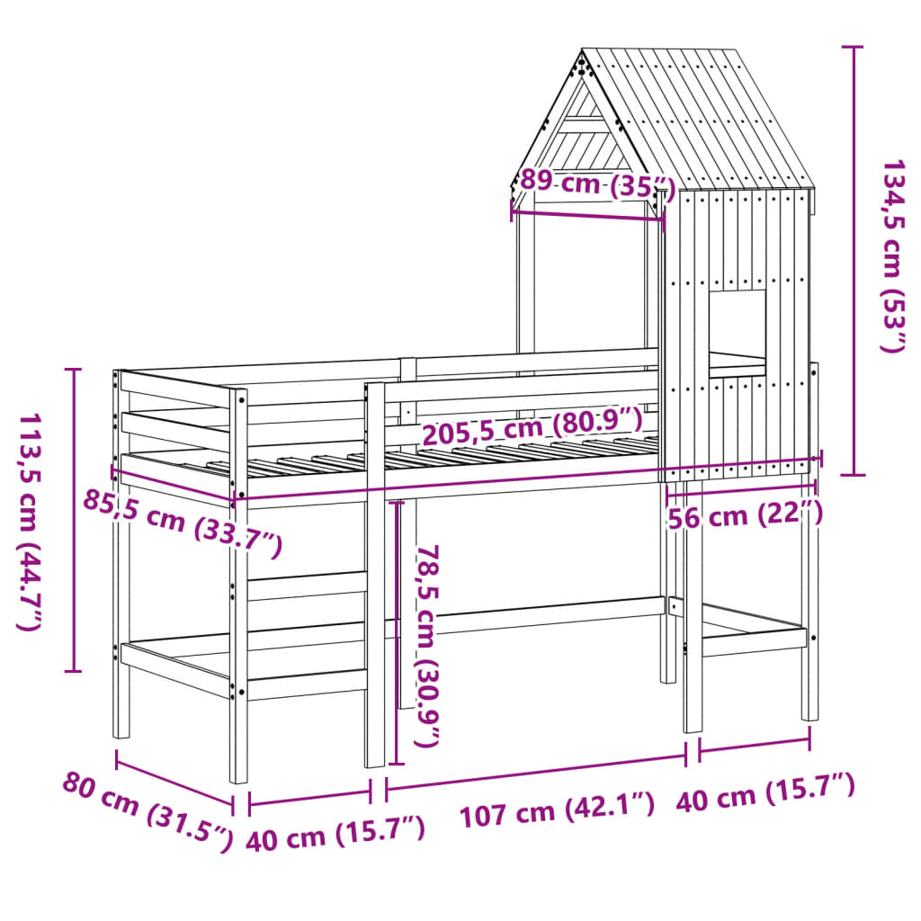 Krevet na kat s ljestvama i krovom 80x200 cm od borovine