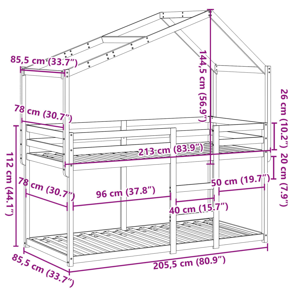 Krevet na kat s krovom bijeli 80 x 200 cm od masivne borovine