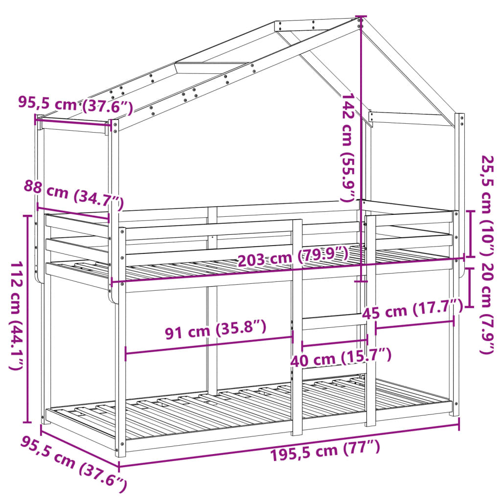 Krevet na kat s krovom 90 x 190 cm od masivne borovine