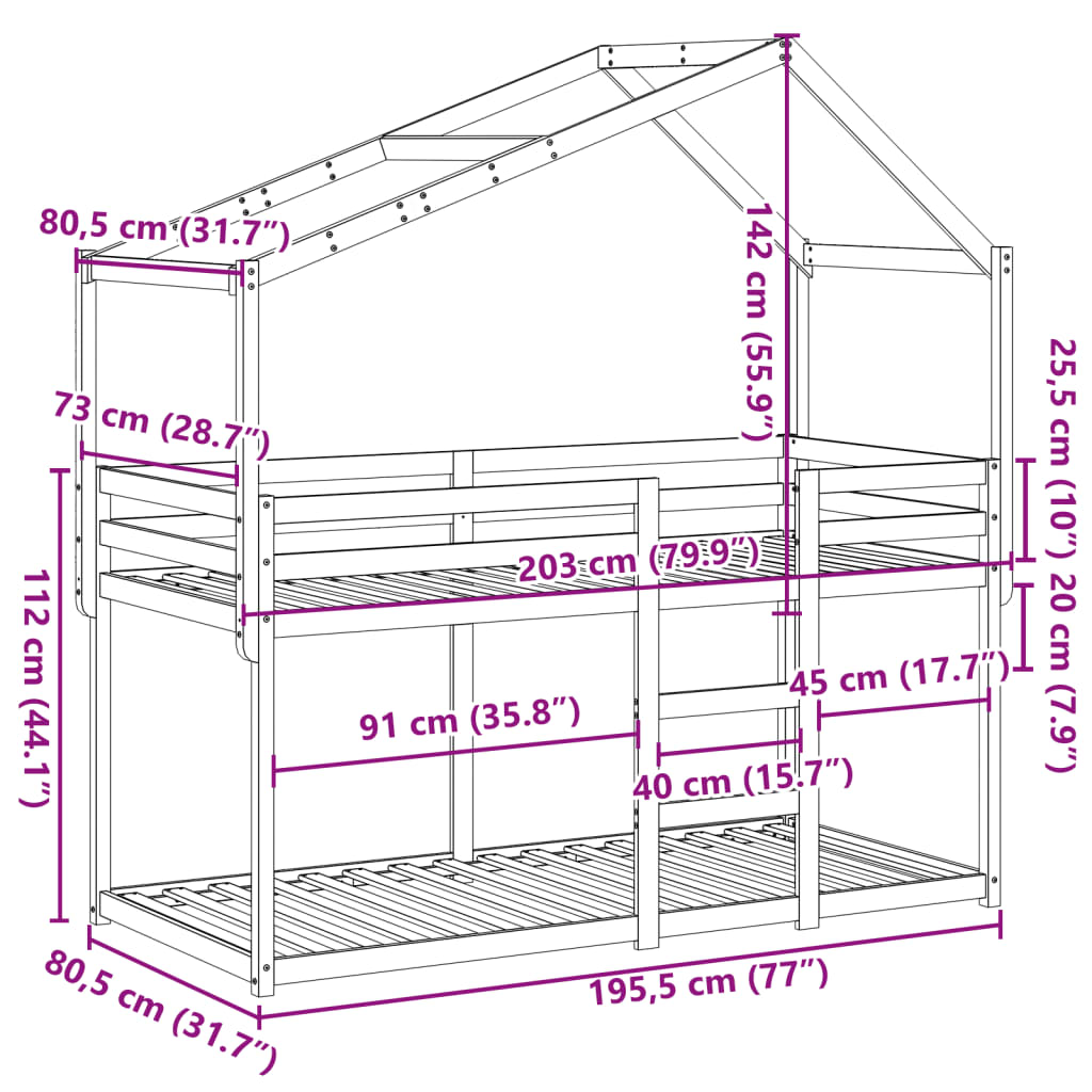 Krevet na kat s krovom bijeli 75x190 cm puno drvo bor