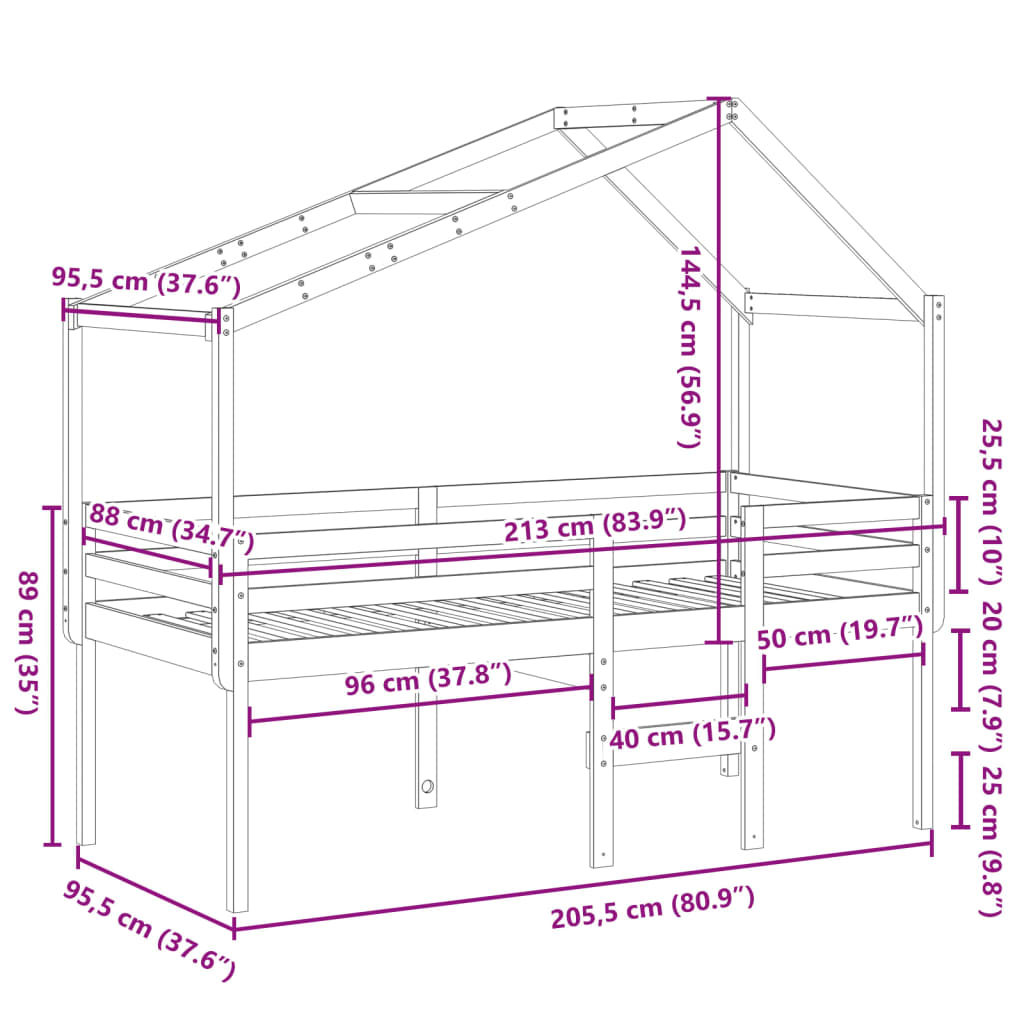 Visoki krevet s krovom 90 x 200 cm od masivne borovine