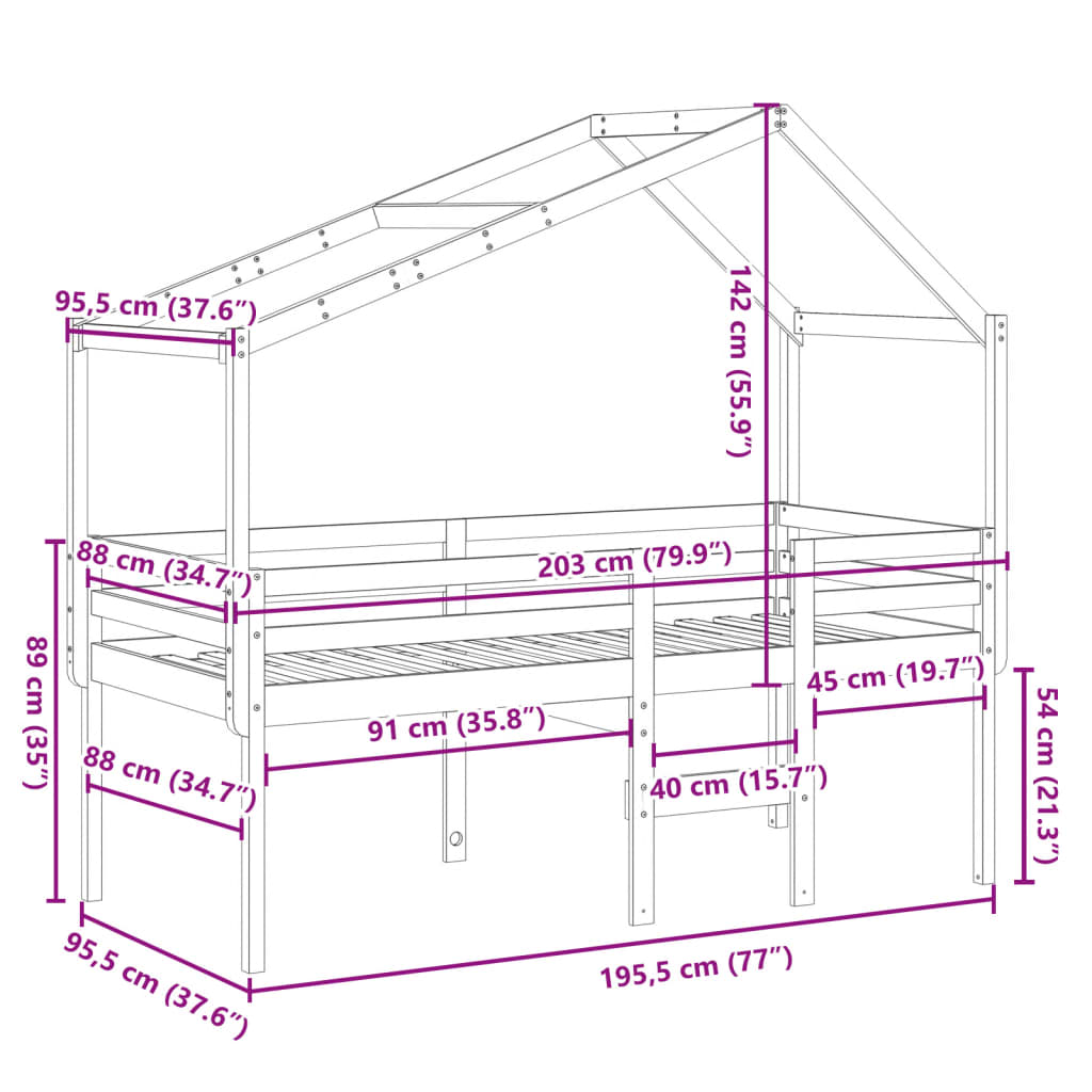 Visoki krevet s krovom bijeli 90 x 190 cm od masivne borovine