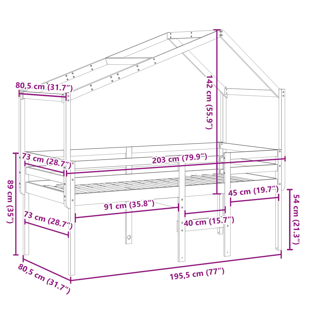 Visoki krevet s krovom 75 x 190 cm od masivne borovine