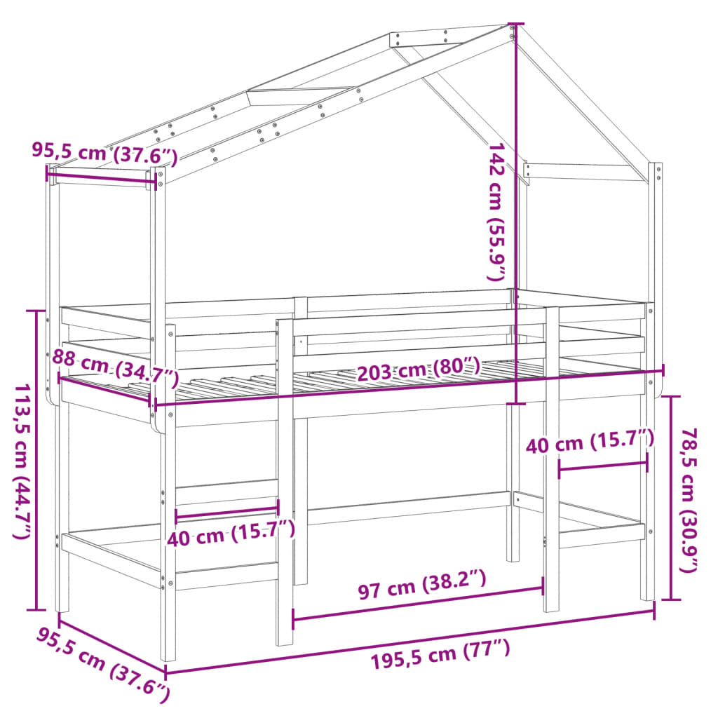 Krevet na kat s ljestvama i krovom 90x190 cm od borovine
