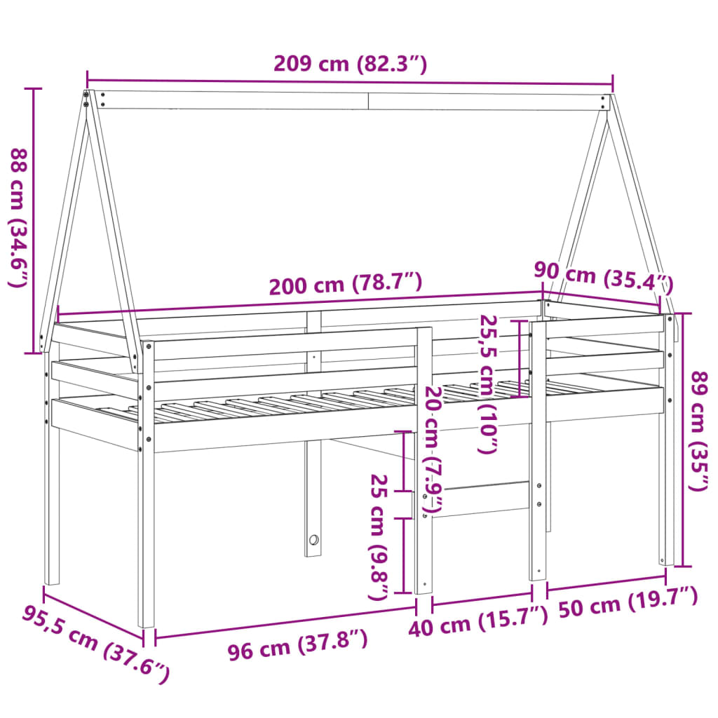 Visoki krevet s krovom 80 x 200 cm od masivne borovine