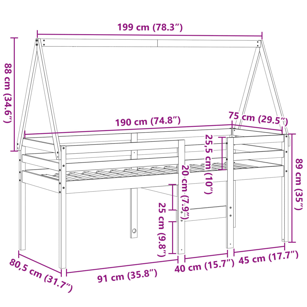 Visoki krevet s krovom bijeli 75 x 190 cm od masivne borovine