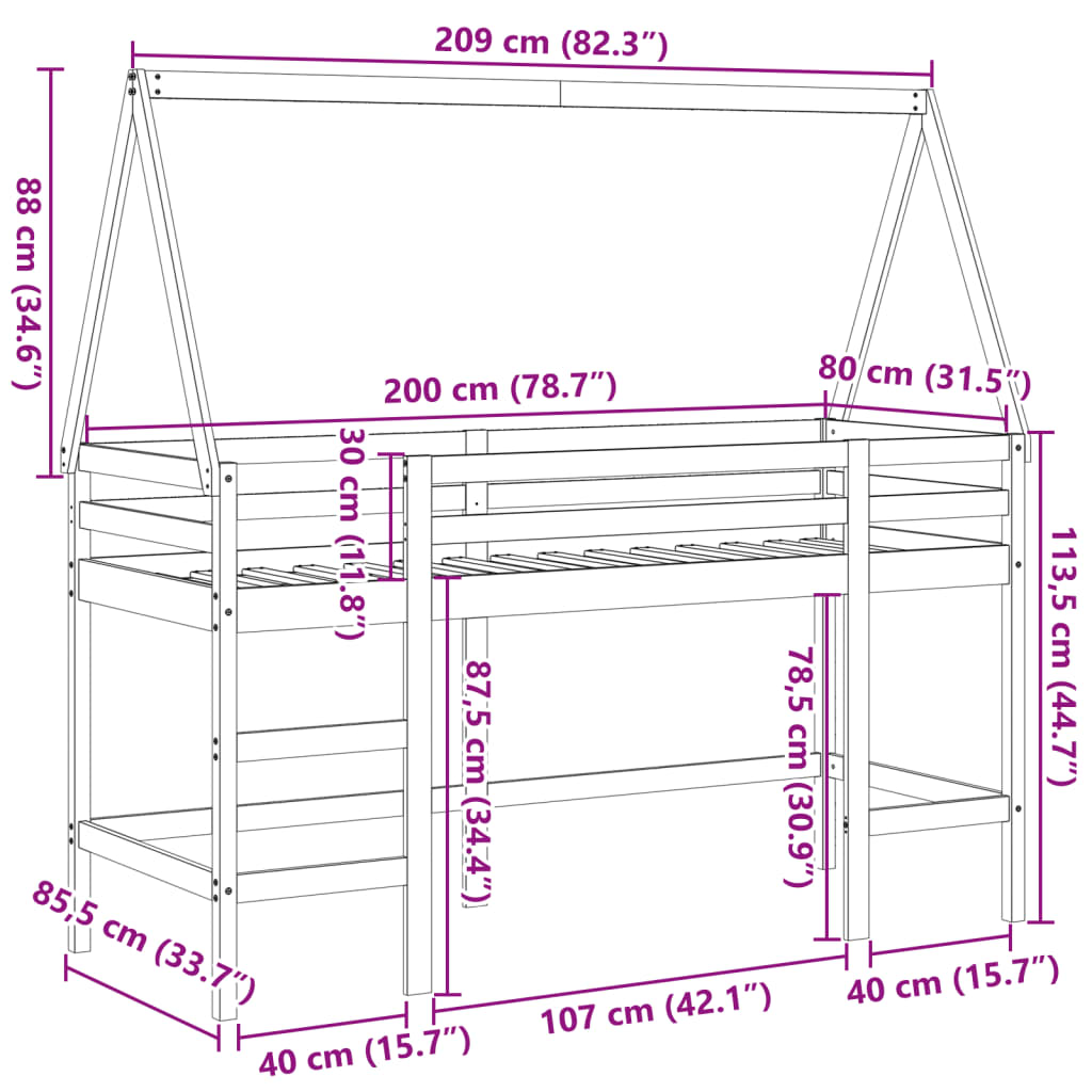 Krevet na kat s ljestvama i krovom 80x200 cm od borovine