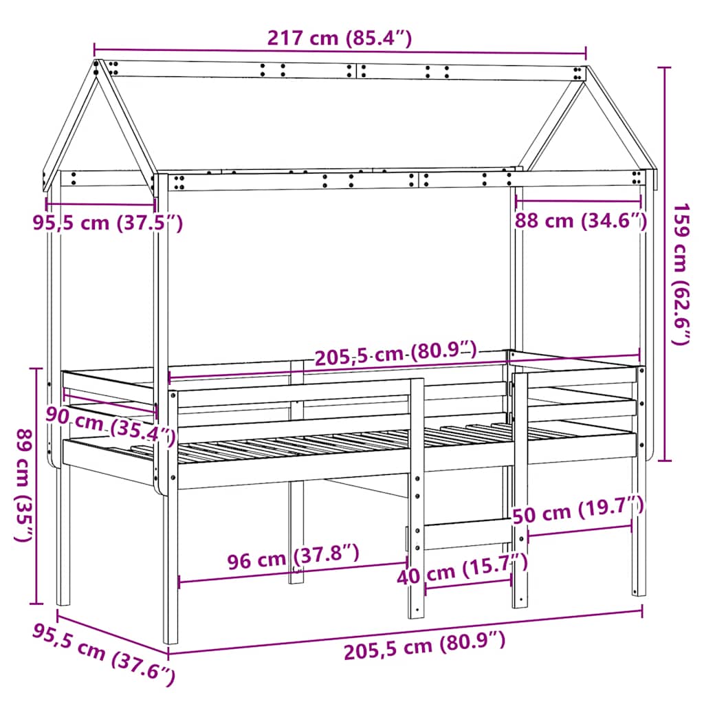 Visoki krevet s krovom 90 x 200 cm od masivne borovine