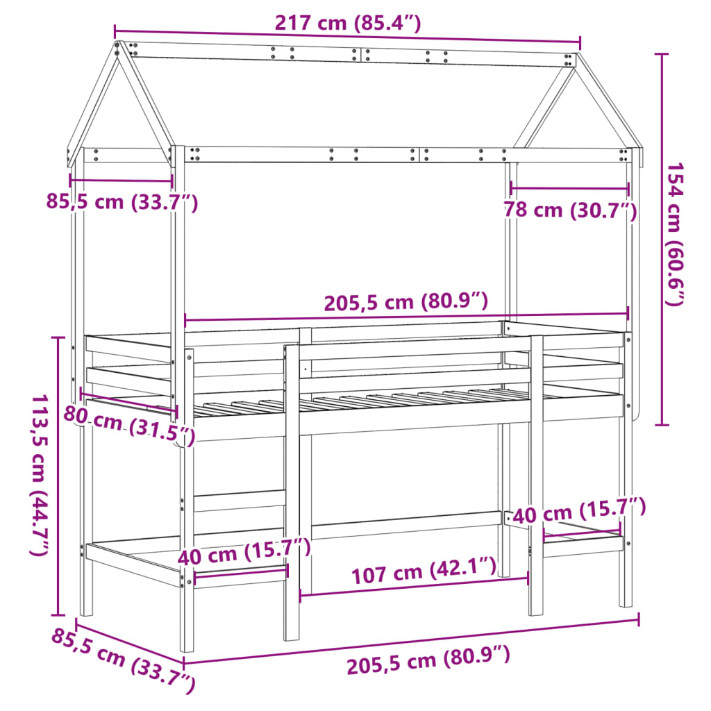 Krevet na kat s ljestvama i krovom 80x200 cm od borovine