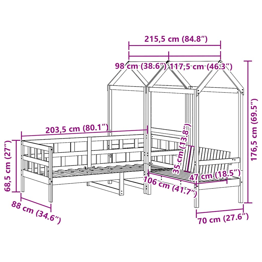 Set dnevnog kreveta s krovom voštano smeđi 80x200 cm borovina