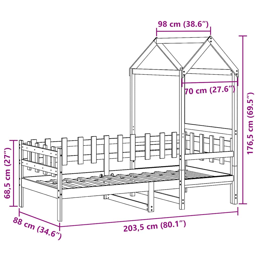 Dnevni krevet s krovom bez madraca bijeli 80x200cm masivno drvo