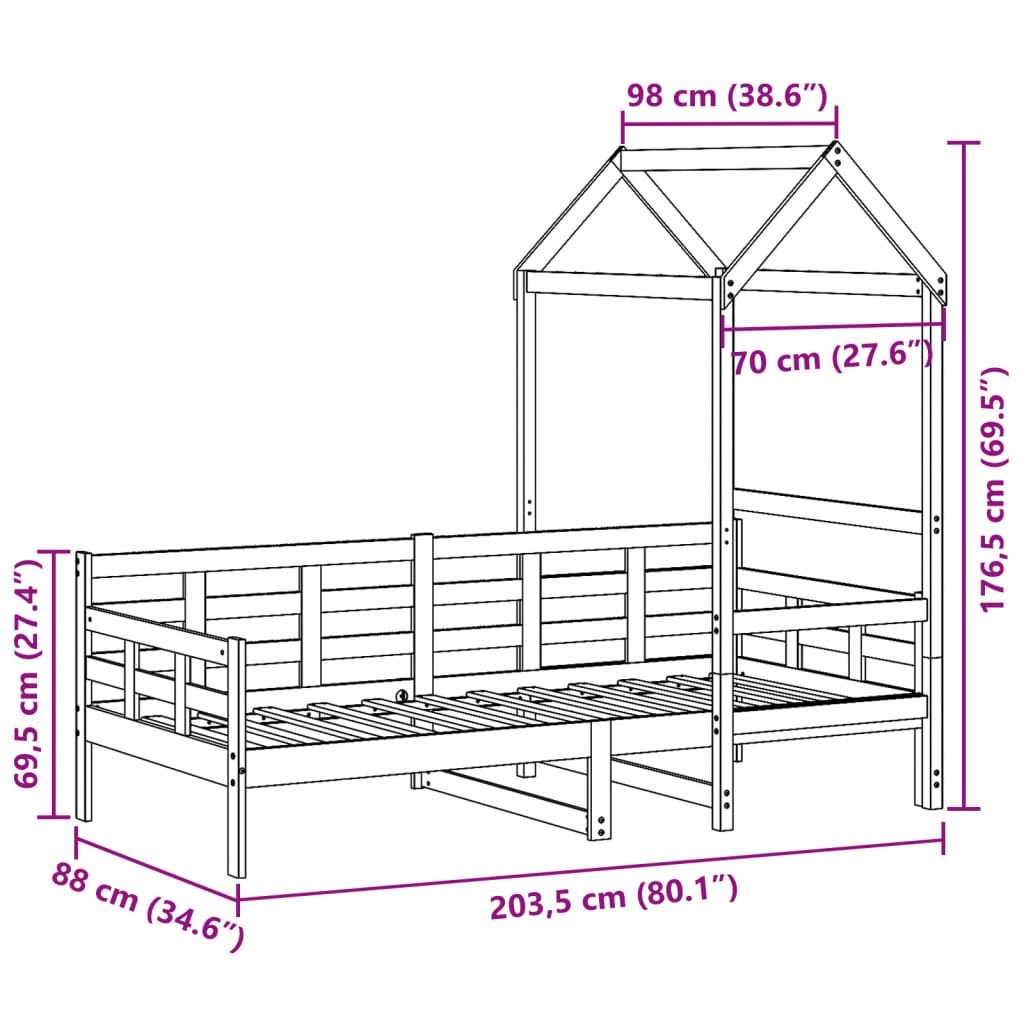 Dnevni krevet s krovom bez madraca 80 x 200 cm masivno drvo