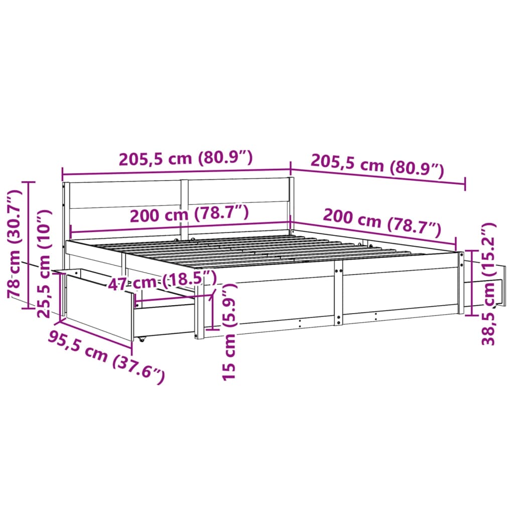 Okvir kreveta bez madraca bijeli 200x200 cm od masivne borovine