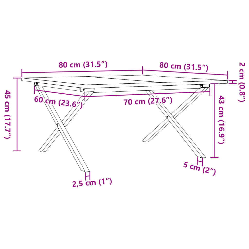 Stolić za kavu X-oblika 80x80x45 cm borovina i čelik