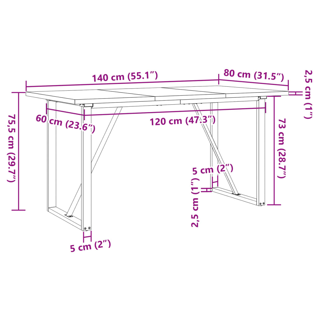 Blagovaonski stol O-oblika 140x80x75,5 cm od borovine i čelik