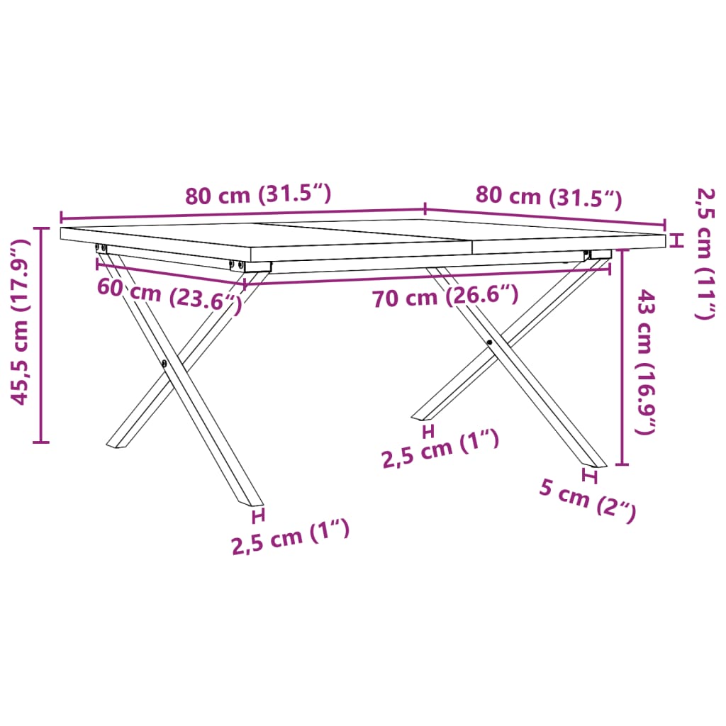 Stolić za kavu X-oblika 80x80x45,5 cm od borovine i čelik