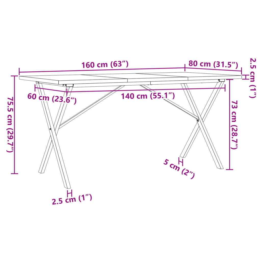 Blagovaonski stol X-oblika 160x80x75,5 cm od borovine i čelik