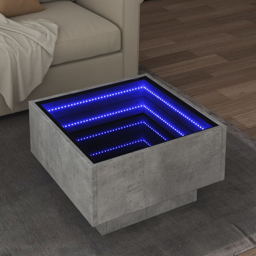 Stolić za kavu LED siva boja betona 50x50x30 cm drveni