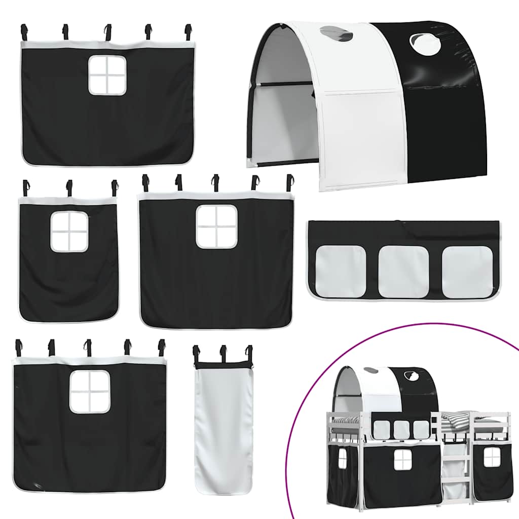Krevet na kat sa zavjesama bijelo-crni 90 x 190 cm od borovine