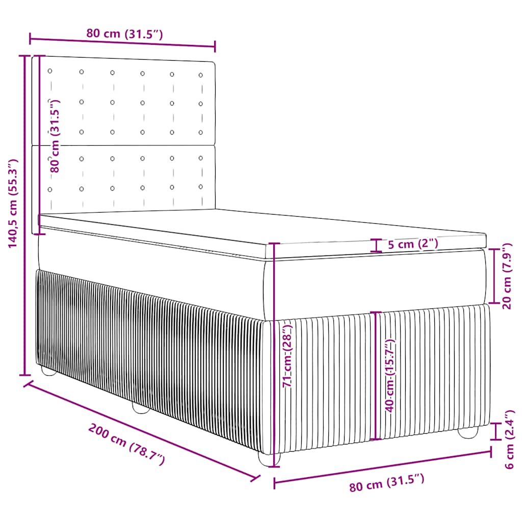 Box spring krevet s madracem tamnosivi 80 x 200 cm baršunasti