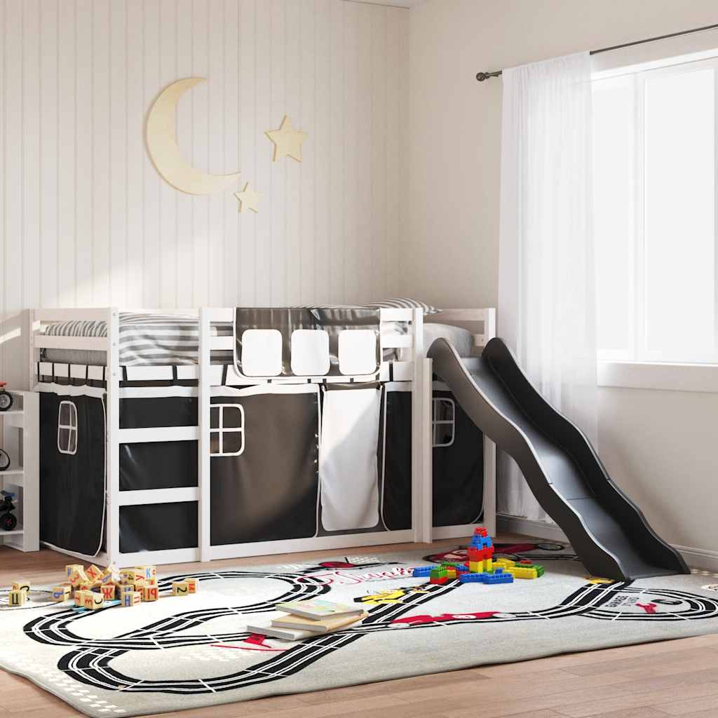 Krevet na kat s toboganom i zavjesama bijelo-crni 90 x 200 cm