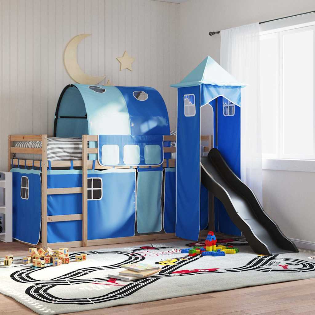 Krevet na kat s toboganom i zavjesama plavi 90 x 190 cm