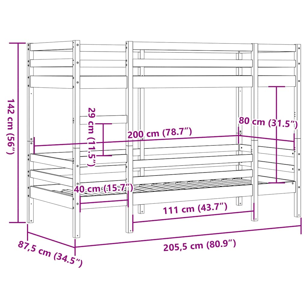 Krevet na kat 80 x 200 cm od masivne borovine