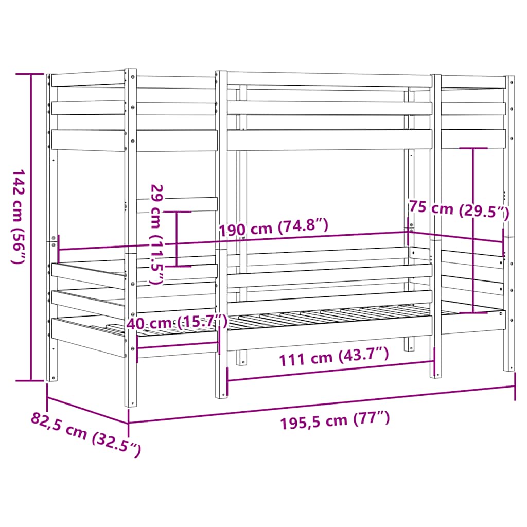 Krevet na kat bijeli 75 x 190 cm od masivne borovine
