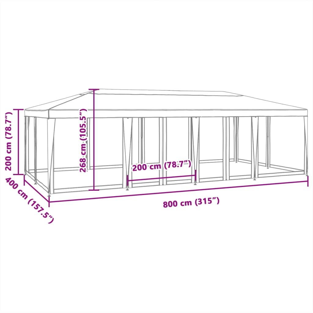 Šator za zabave s 12 mrežasta bočna zida bijeli 8x4 m HDPE