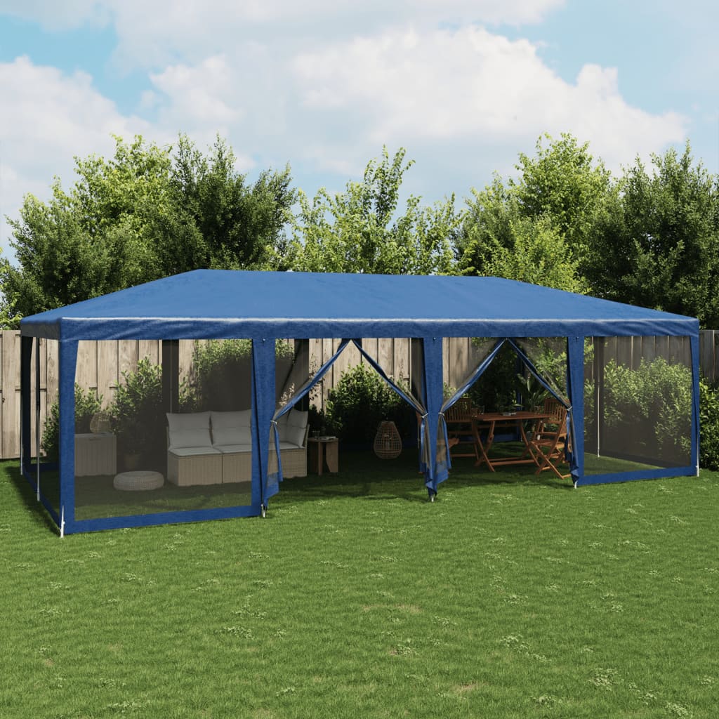 Šator za zabave s 12 mrežasta bočna zida plavi 8x4 m HDPE