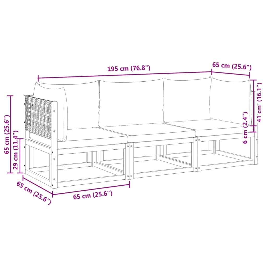 Vrtni set od 3 dijela s jastucima, akacija i ratan