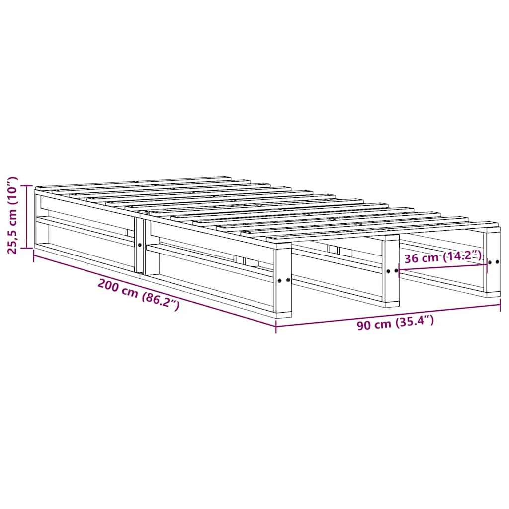 Okvir kreveta bez madraca bijeli 90 x 200 cm masivna borovina