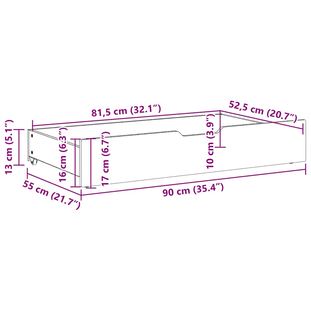 Ladice ispod kreveta s kotačima 2 kom 90x55x17 cm od borovine