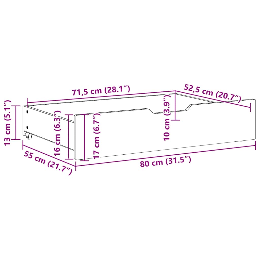 Ladice ispod kreveta s kotačima 2 kom 80x55x17 cm od borovine