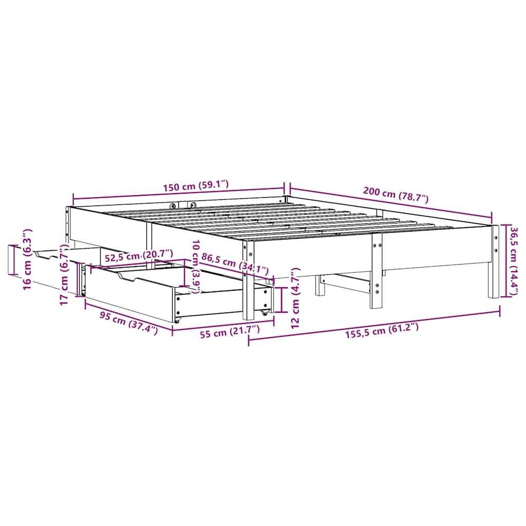 Okvir kreveta bez madraca bijeli 150x200 cm od masivne borovine