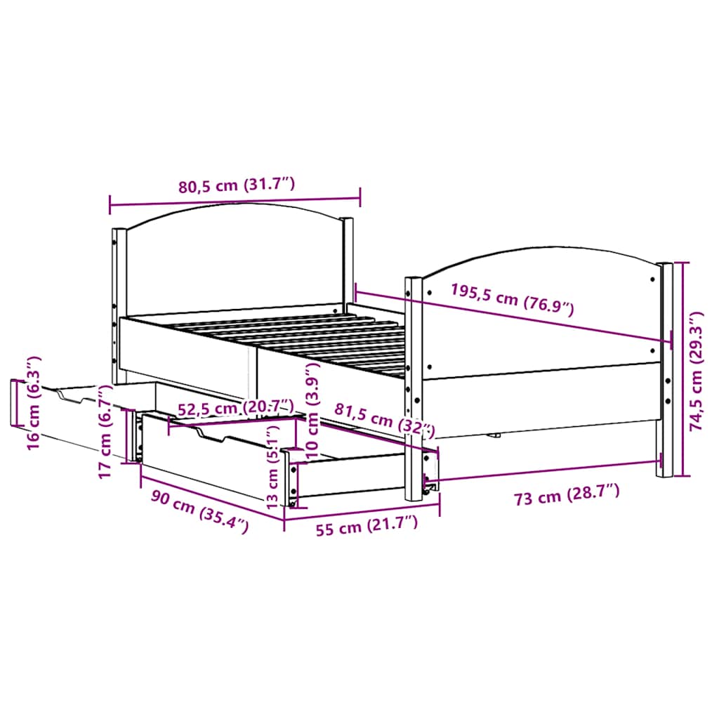 Okvir kreveta bez madraca voštano smeđi 75 x 190 cm od borovine