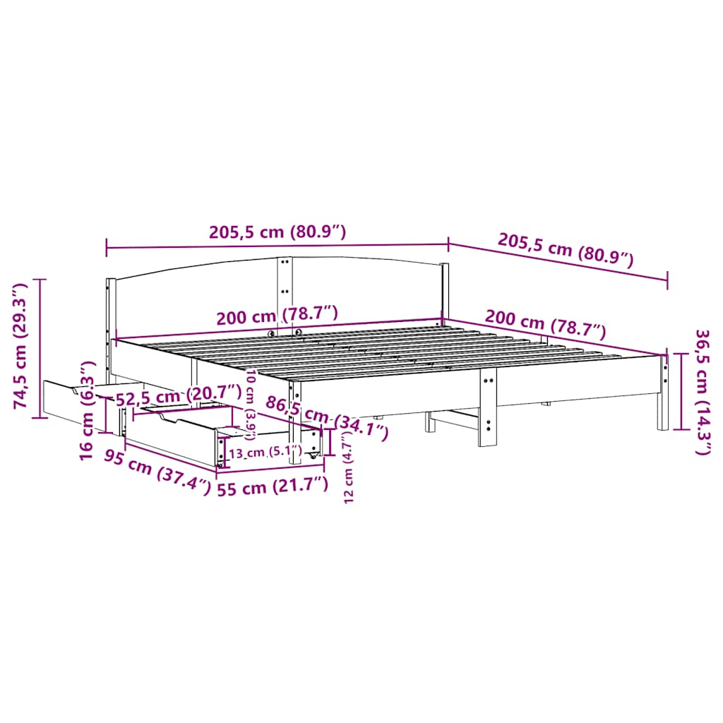 Okvir kreveta bez madraca bijeli 200x200 cm od masivne borovine
