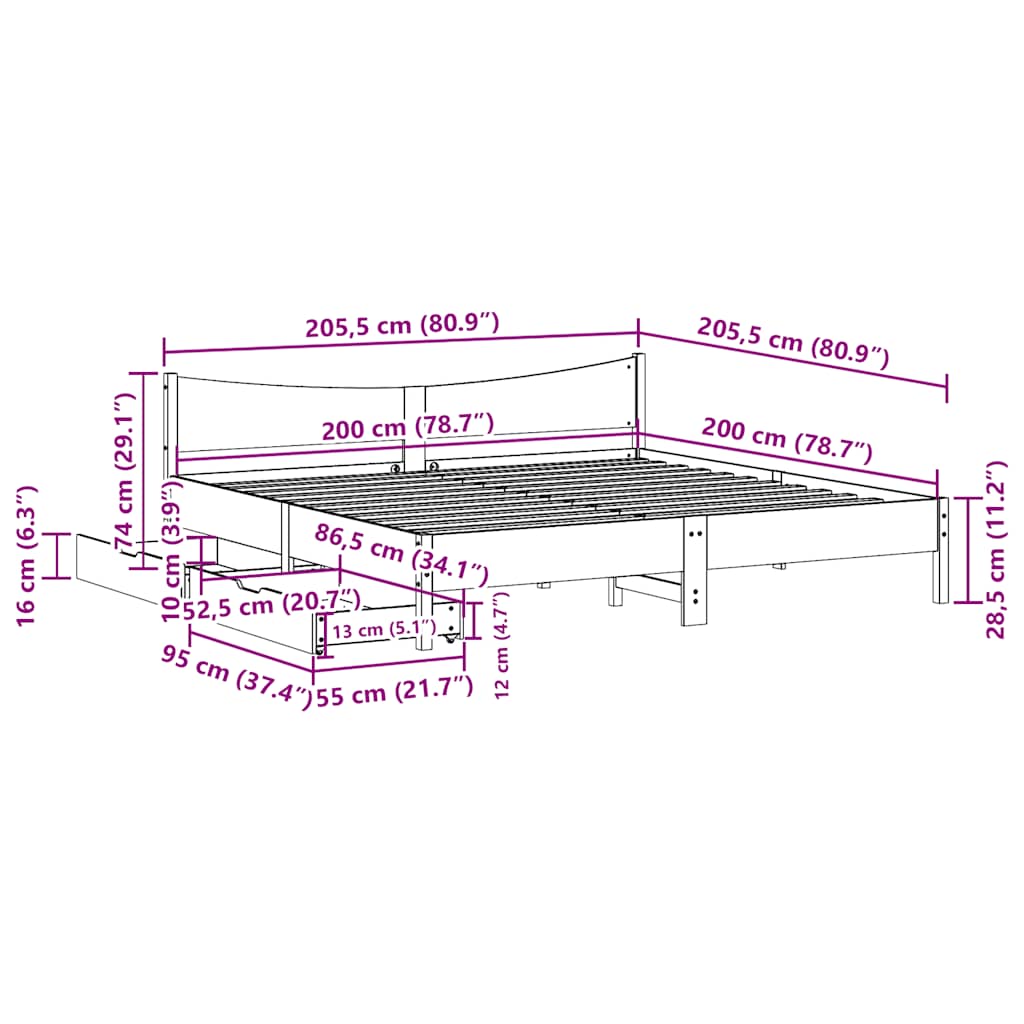 Okvir kreveta s ladicama bijeli 200 x 200cm od masivne borovine