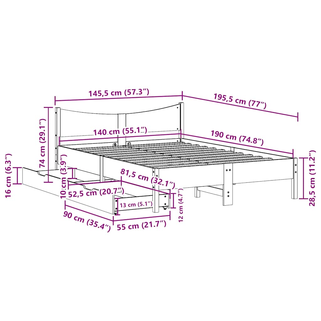 Okvir za krevet s ladicama 140x190 cm od masivnog drva
